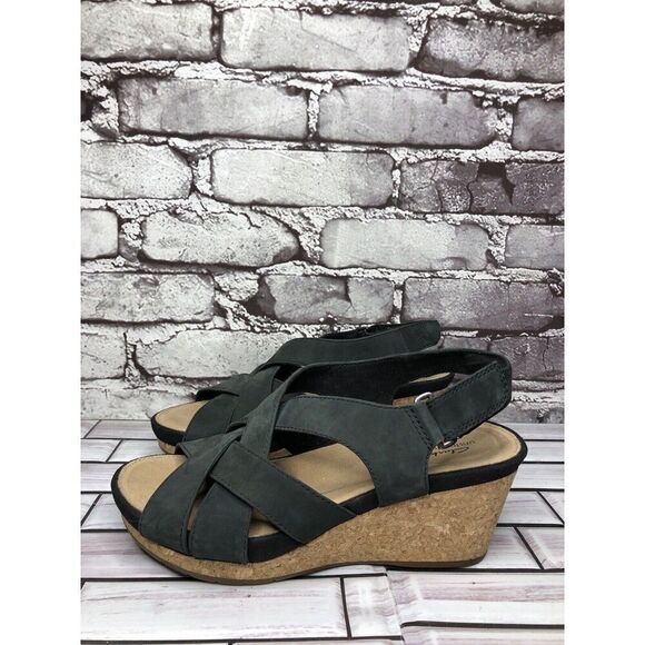 Clarks Unstructured Black Leather Criss Cross Strap Cork Wedge Sandals Women 7M - Picture 5 of 16